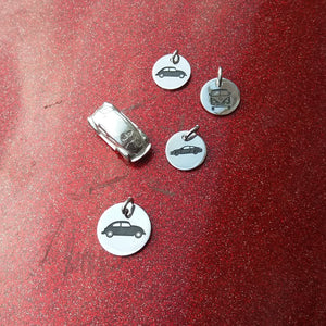 Volkswagen beetle bulli and Porsche 911 sterling silver car silhouette pendants