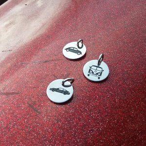 Silhouette pendants in 16mm sterling silver, beetle, VWvan or porsche911