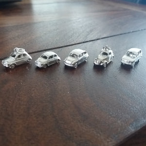 Miniature silver fiat models, 500, 600, topolino and 126